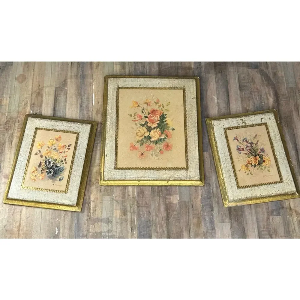 Vintage Marked Made in Italy Small Rectangles Floral Art Wall Frames Paintings